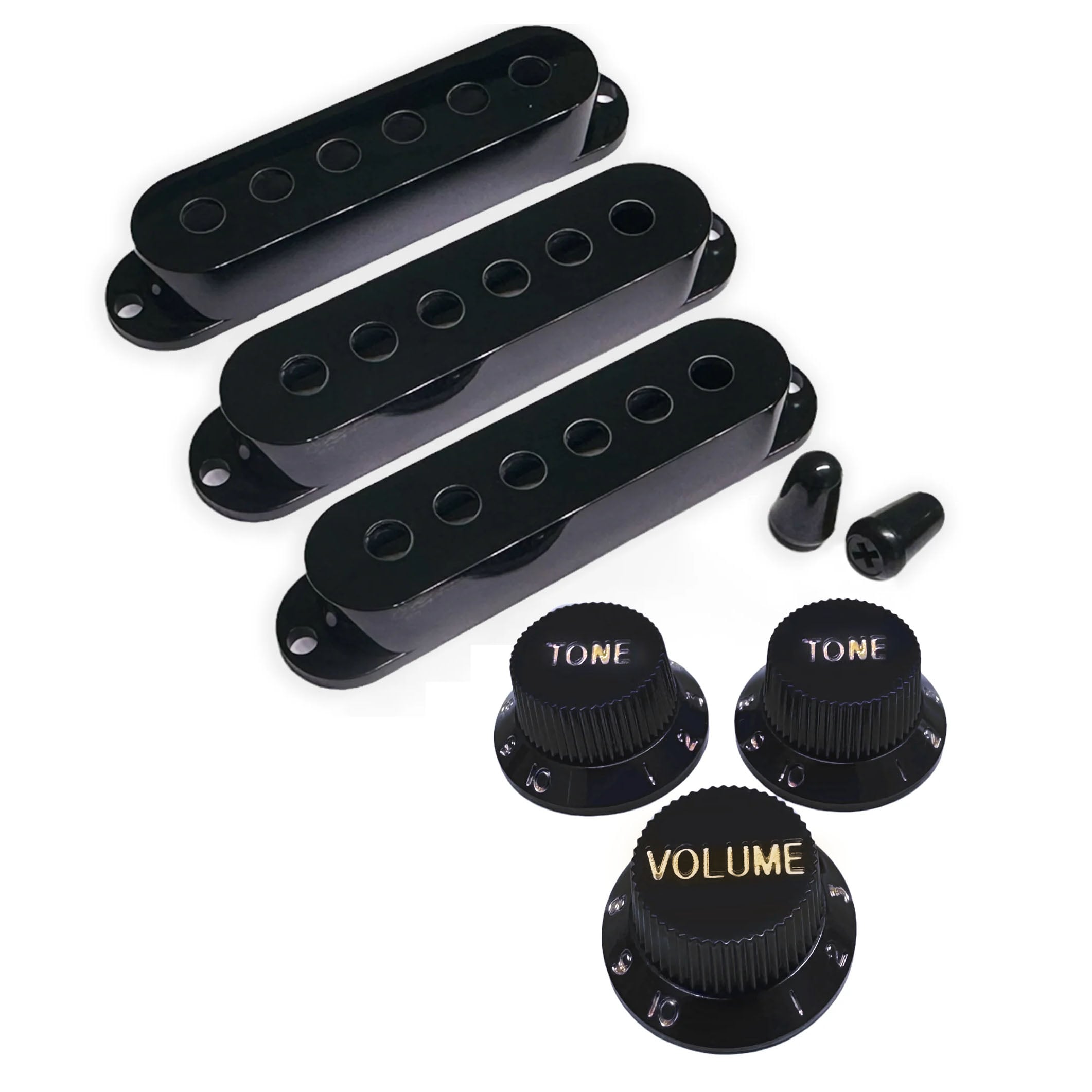  StewMac Knobs + Pickup Cover Set with Modern Spacing, Black with Gold Type