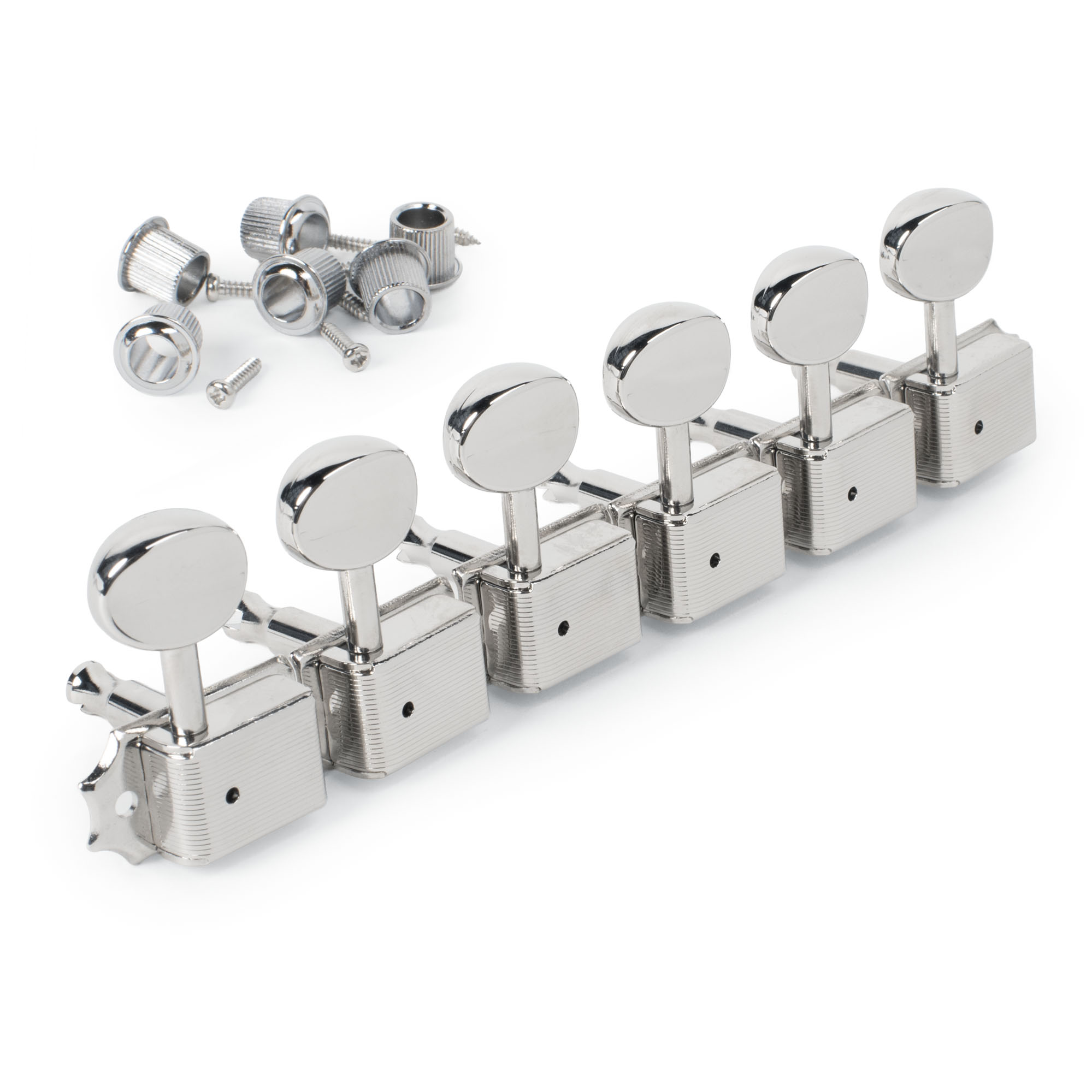 Golden Age Vintage-style Oval Knob 6-In-Line Tuners, Chrome
