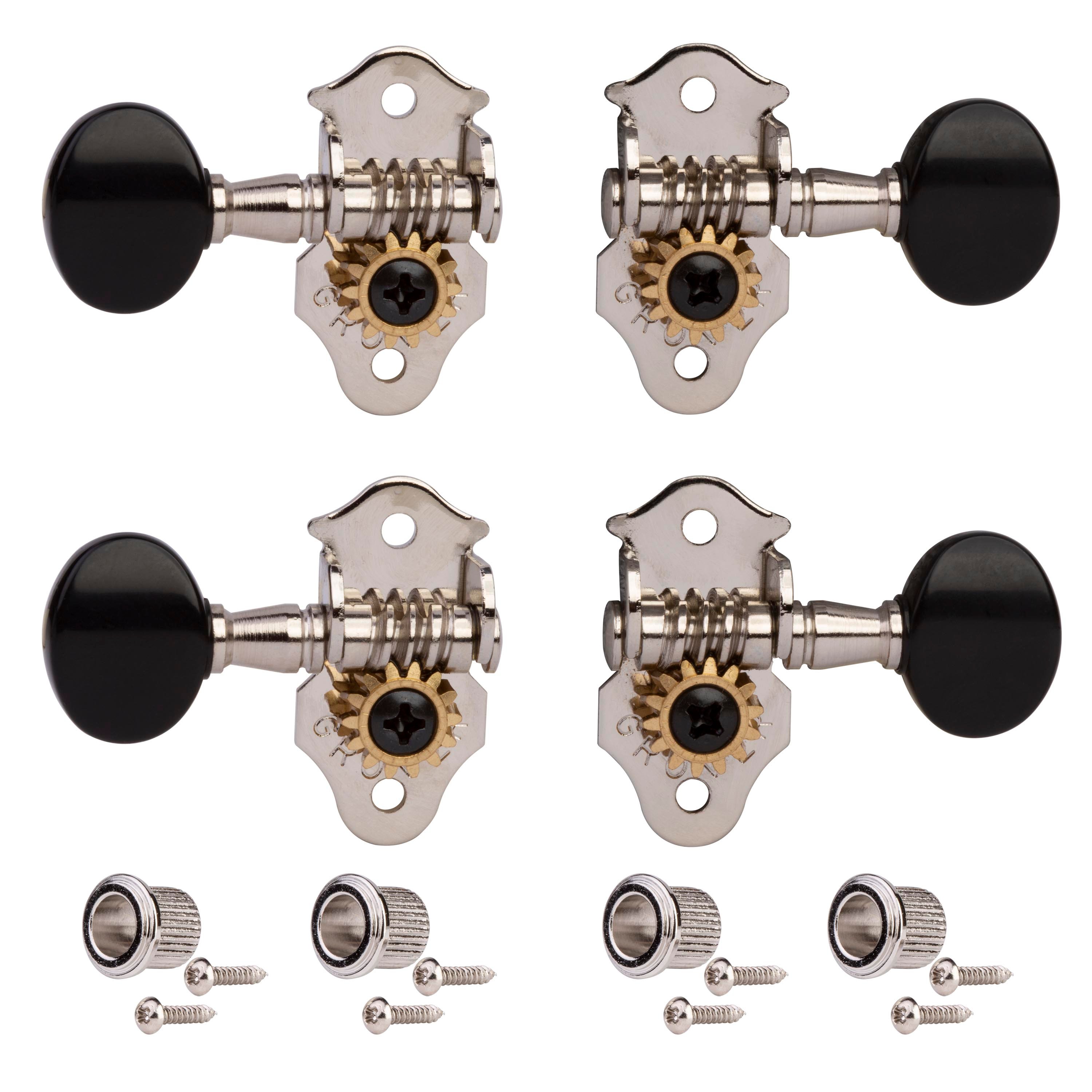 Grover Ukulele Tuning Machines, Nickel with black knobs, set of 4 Grover Ukulele Tuning Machines, Nickel with black knobs, set of 4