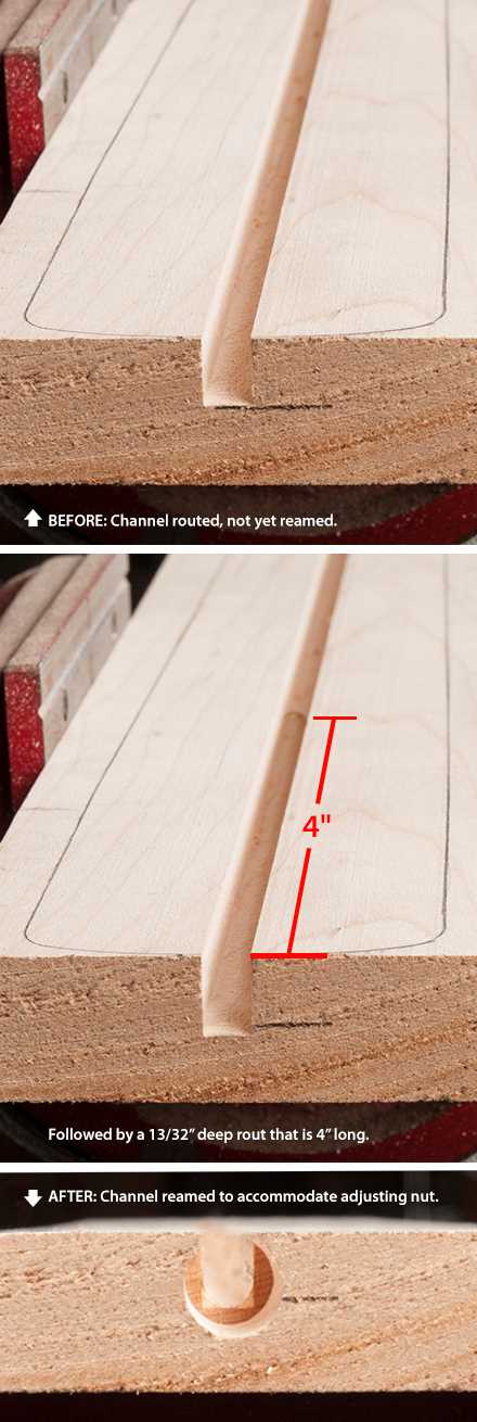 Truss rod channel and hole for adjusting nut reamed